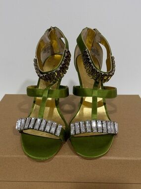 Nine West Olive Green Jeweled Satin T-Strap Heels Ladies